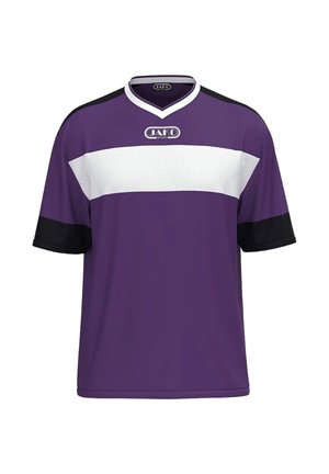 Maillot de sport violet avec des poignets de manches noirs, une bande horizontale blanche sur la poitrine et le logo "JAKO Sport" au centre devant.