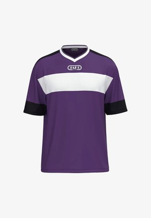 Maillot de sport violet avec des poignets de manches noirs, une bande horizontale blanche sur la poitrine et le logo "JAKO Sport" au centre devant.