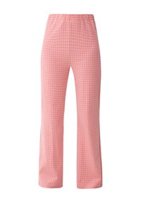 Rosa gemusterte Hose mit elastischem Bund, die ein karriertes Design in hellrosa und gelben Quadraten aufweist, mit geradem Bein.
