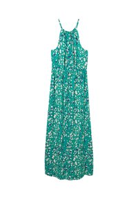 Abito maxi teal realizzato in tessuto leggero, con scollatura arricciata e un motivo astratto bianco e blu. Spalline regolabili.