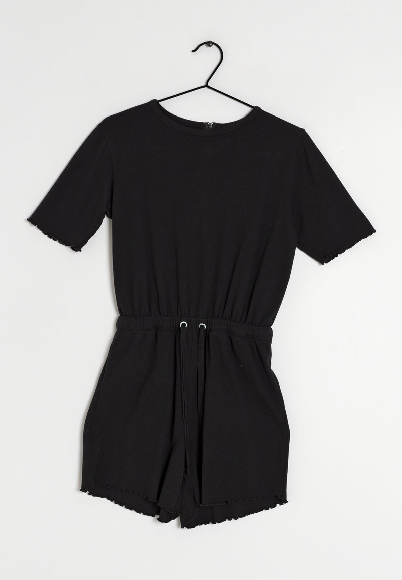 Black short-sleeve romper featuring a drawstring waist, frayed edges, and a round neckline. Made from soft, lightweight fabric.