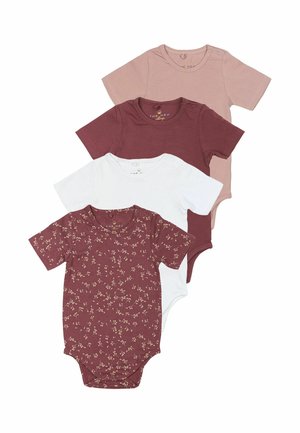 Keturių trumpomis rankovėmis bodysuitų rinkinys iš minkštos medvilnės, kuriame du vienspalviai bordo, vienas baltas ir vienas šviesiai rožinis su gėlių raštu.