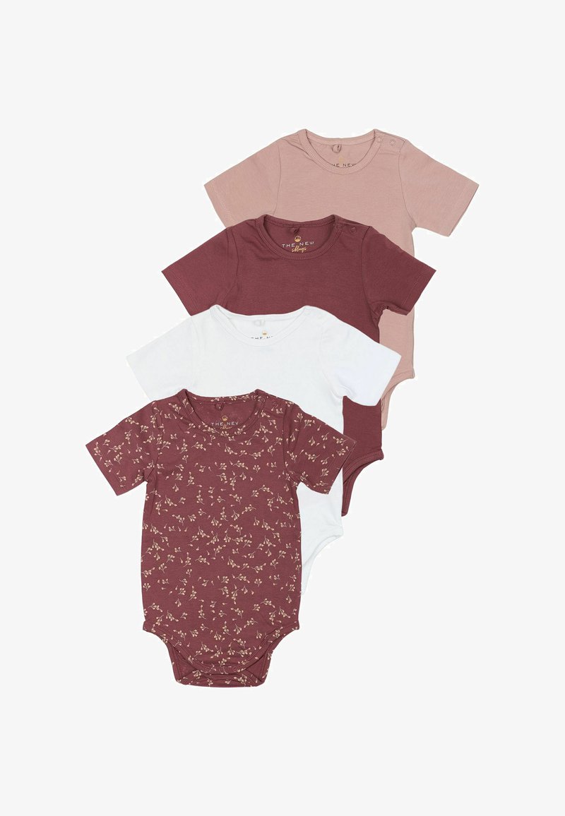 Négy rövid ujjú bodysuit szett puha pamutból, melyek közül kettő egyszínű bordó, egy fehér és egy világos rózsaszín virágmintás.