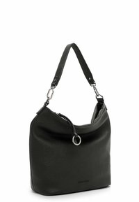 Borsa a tracolla in pelle nera con ferramenta argentata, manico singolo, chiusura con zip e logo del marchio discretamente impresso sul davanti.