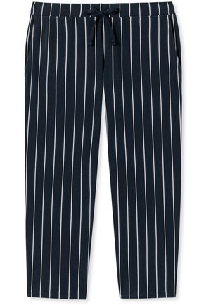 Tummansiniset pyjamahousut kevyestä kankaasta, joissa on valkoiset pystysuorat raidat, joustava vyötärö ja nauha, sekä sivutaskut.