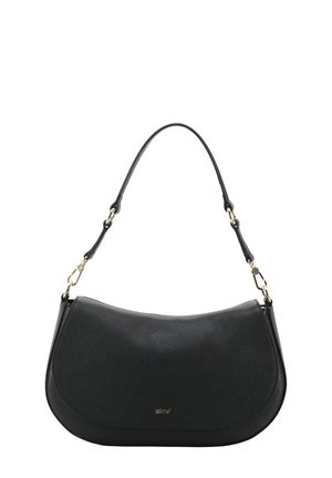 Black leather handbag with a curved silhouette, gold hardware accents, and a single adjustable strap for versatile carrying.