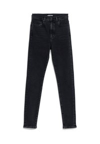 Jeans negros en corte ajustado con una cintura de altura media. Fabricados en denim, presentan un diseño clásico de cinco bolsillos y sutiles detalles de costura.