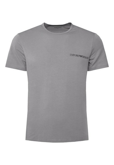 Harmaa puuvillapaita, jossa on lyhyet hihat ja pyöreä pääntie. Etuosassa on pieni musta "EMPORIO ARMANI" -logo. Sujuva pinta.