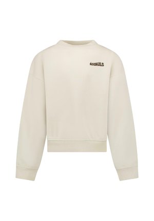Crème cropped sweatshirt met ribbels aan de boorden en onderrand. Kenmerkt zich door geborduurde "ANIMALS" tekst op de bovenrug. Zachte stoftextuur, minimalistisch ontwerp.