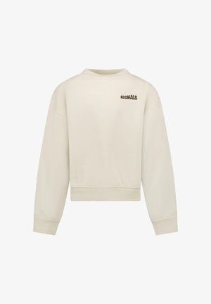 Crème cropped sweatshirt met ribbels aan de boorden en onderrand. Kenmerkt zich door geborduurde "ANIMALS" tekst op de bovenrug. Zachte stoftextuur, minimalistisch ontwerp.
