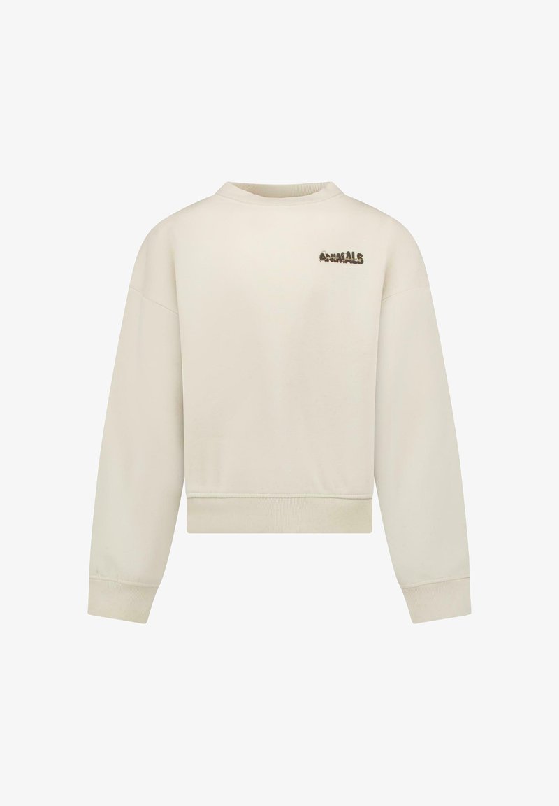 Crème cropped sweatshirt met ribbels aan de boorden en onderrand. Kenmerkt zich door geborduurde "ANIMALS" tekst op de bovenrug. Zachte stoftextuur, minimalistisch ontwerp.