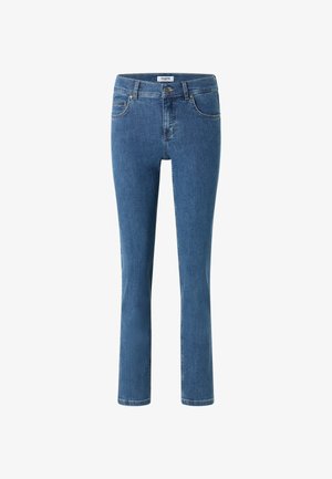 Sinised denim püksid kitsas lõikes, millel on nööbi kinnitamine, vöökohad ja klassikaline viie-tasku disain. Sile tekstuur ja ühtlane värv.