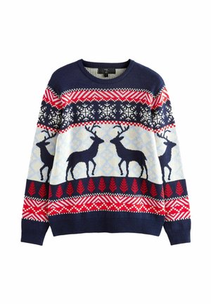 Pull en maille avec une base marine ornée de rênes blancs, de flocons de neige rouges et bleus, ainsi que de motifs géométriques sur le corps et les manches.