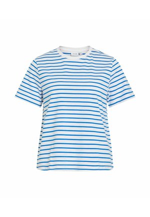 T-shirt blanc à manches courtes avec col rond présentant des rayures bleues horizontales sur l'ensemble du tissu.