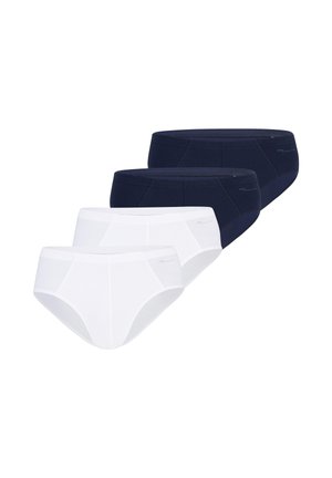 Satz von vier Herren-Baumwollslips, zwei in Weiß und zwei in Marineblau, in versetzter Reihe auf weißem Hintergrund angeordnet.
