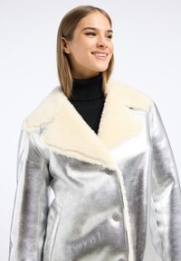 Zilveren metallic jas met een zachte crèmekleurige bontkraag, dubbele knopen en een gladde textuur. Beschikt over zijzakken en een getailleerde pasvorm.