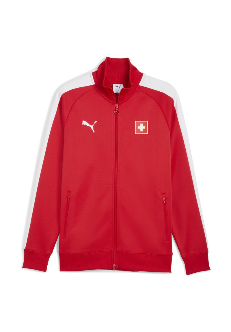 Rød lynlås track jakke med hvide detaljer, høj krave og logo detaljer. Har sidelommer og ribbede manchetter. Fremstillet af letvægtsmateriale.