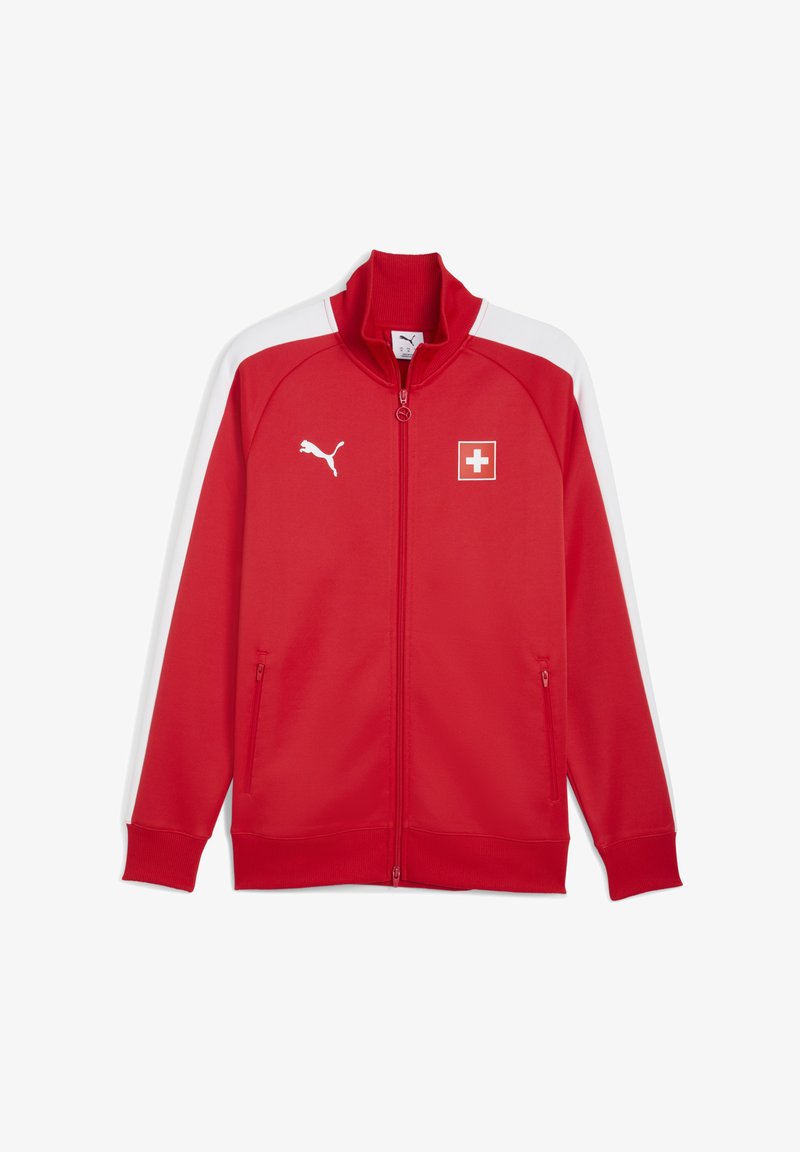 Rdeča zip-up tekaška jakna z belimi detajli, visokim ovratnikom in logotipom. Ima stranske žepe in rebraste manšete. Narejena je iz lahkega materiala.