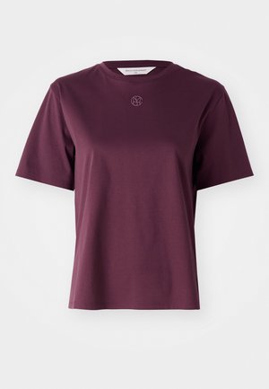 Burgundy cotton t-shirt with short sleeves, round neckline, and a small embossed logo on the chest. Smooth texture and relaxed fit.