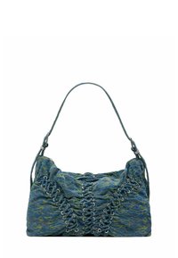 Kék és zöld mintás szövet kézitáska, ráncolt középpel és keresztben fűzött részletekkel, egyetlen állítható vállpánttal.
