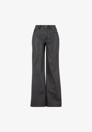 Vida svarta denimbyxor med hög midja, med kontrasterande sömmar och en klassisk femfickdesign. Slät tyg.