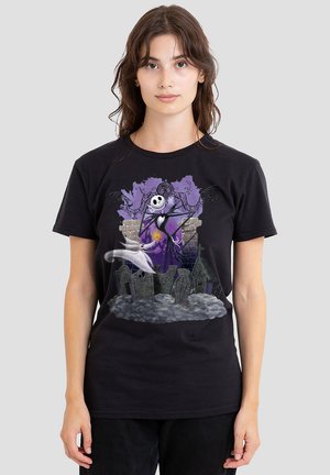Black cotton t-shirt featuring a colorful Halloween-themed graphic with a figure surrounded by gravestones and fog.
