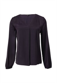 Blouse violette à manches longues, encolure en V, avec des plis décoratifs. Tissu doux à texture lisse ; coupe décontractée, design minimaliste.