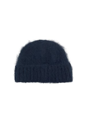 Berretto lavorato a maglia di un blu navy, realizzato in materiale morbido con un orlo a coste, caratterizzato da una forma rotonda e una consistenza soffice.