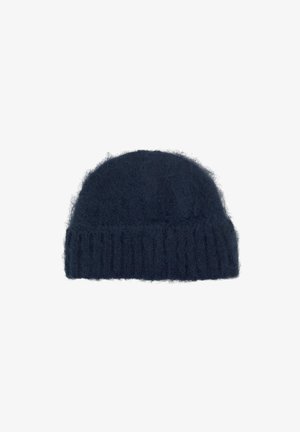 Navy blue knitted beanie hat made of fuzzy material with a ribbed brim, featuring a rounded top and soft texture.