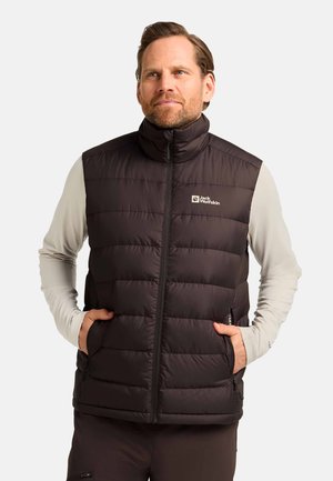Mann trägt eine schwarze, gesteppte, ärmellose Weste mit Reißverschluss und Logo auf der Brust, die Hände in den Taschen, über einem hellen Langarmhemd vor einem schlichten Hintergrund.