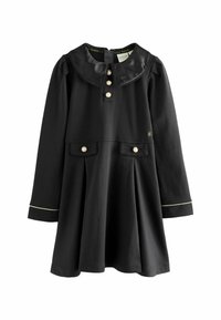 Melnas kleitas ar garām piedurknēm, apaļu apkakli, priekšējiem pogām, divām kabatām ar pērļu līdzīgiem akcentiem un smalku zelta apdari uz piedurknēm.