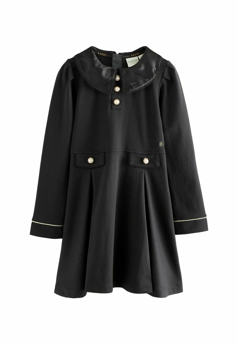 Melnas kleitas ar garām piedurknēm, apaļu apkakli, priekšējiem pogām, divām kabatām ar pērļu līdzīgiem akcentiem un smalku zelta apdari uz piedurknēm.