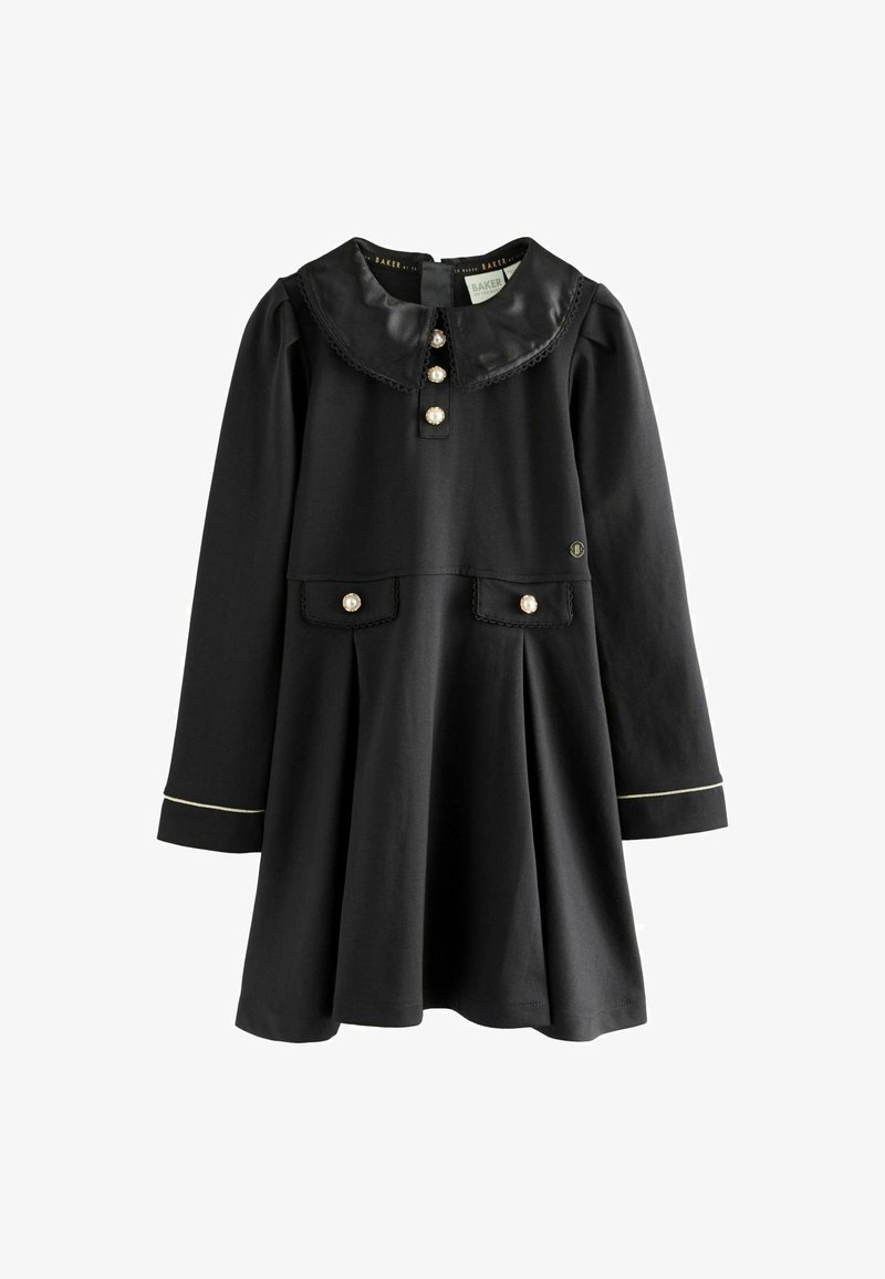 Melnas kleitas ar garām piedurknēm, apaļu apkakli, priekšējiem pogām, divām kabatām ar pērļu līdzīgiem akcentiem un smalku zelta apdari uz piedurknēm.