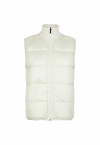 Vitt vadderat puffer-väst med hög ribbad krage och framdragkedja, designad för värme och avslappnad användning.