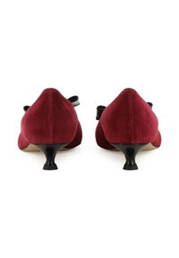 Scarpe rosse in suede con tacco medio, punta affusolata e sottile tacco nero. Presentano dettagli neri sul retro e una texture liscia.