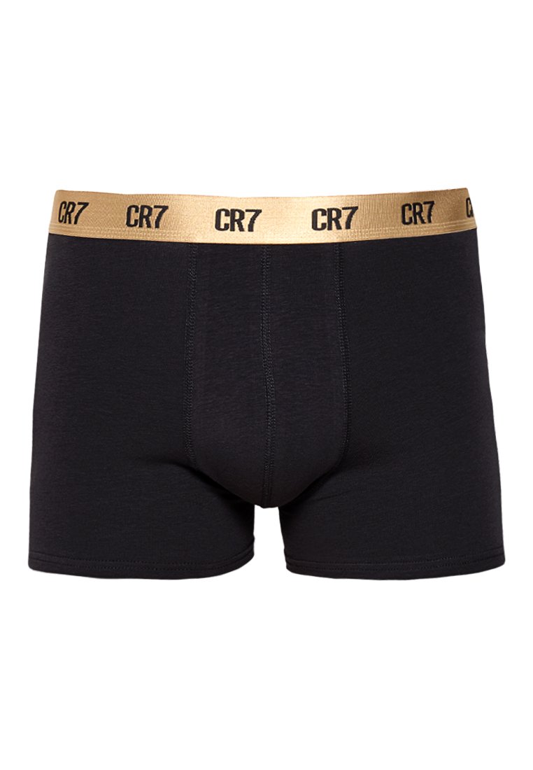 Schwarze Baumwoll-Boxershorts mit einem goldenen elastischen Bund, der den Text "CR7" in Schwarz zeigt. Glatte Textur und enganliegendes Design.