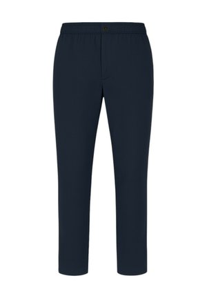 Pantaloni stretch blu navy con cintura elastica, dotati di bottone e zip frontale, taglio affusolato e texture liscia.