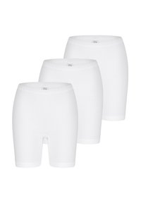 Drei Paare weißer, baumwollener, kurz geschnittener Unterwäsche mit elastischem Bund und glatter Textur, die ein einfaches, schlichtes Design aufweisen.