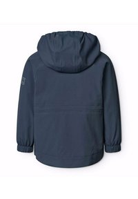Giacca impermeabile blu navy con cappuccio, polsini elastici e tasca. Tessuto liscio con un sottile motivo a griglia.