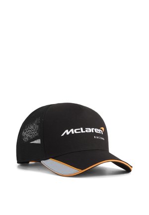 Czarna czapka McLaren Racing z białym logo, pomarańczowym wykończeniem, odblaskowym detalem na daszku oraz siateczkowymi tylnymi panelami zapewniającymi wentylację.