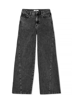 Wide-leg black denim jeans with a slightly faded texture, featuring five pockets, belt loops, and a button-fly closure.