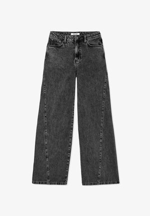 Wide-leg black denim jeans with a slightly faded texture, featuring five pockets, belt loops, and a button-fly closure.