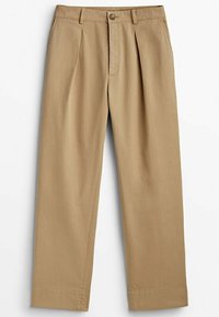 Pantalon beige à coupe droite, avec un devant plissé, une fermeture par bouton et des passants de ceinture. Fabriqué en tissu lisse avec un design épuré et ajusté.