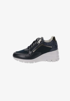 Navy and black sneaker with leather and mesh materials, featuring a wedge sole, metallic accents, lace-up and zip closure design.