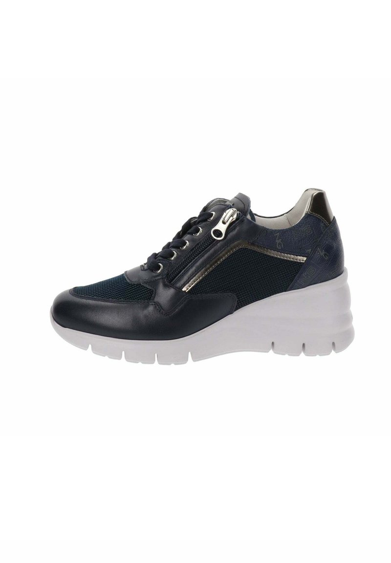 Navy and black sneaker with leather and mesh materials, featuring a wedge sole, metallic accents, lace-up and zip closure design.