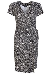 Černobílé květinové šaty s krátkým rukávem, výstřihem do V a detailním vázáním na boku, po kolena.