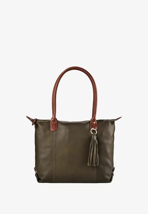 Borsa a mano in pelle verde scuro con manici marroni e portachiavi con nappina su sfondo bianco.