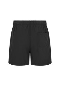 Czarne bawełniane szorty z elastycznym paskiem w talii, pojedynczą tylną kieszenią i gładką fakturą. Prosty design i zamknięte kanty.