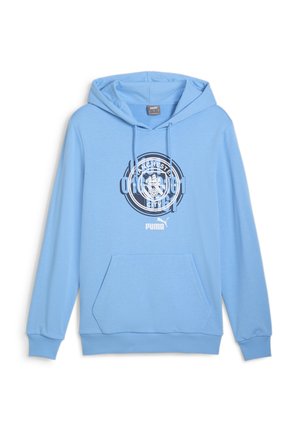 Felpa leggera azzurro chiaro realizzata in tessuto morbido, con un motivo centrale del logo del Manchester City e tasca a marsupio. Inclusa cappuccio regolabile con lacci.