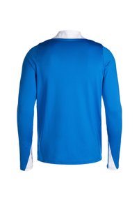 Camicia a maniche lunghe in tessuto blu vivace con dettagli bianchi, caratterizzata da un colletto rotondo e polsini elasticizzati. Tessuto liscio, design atletico.